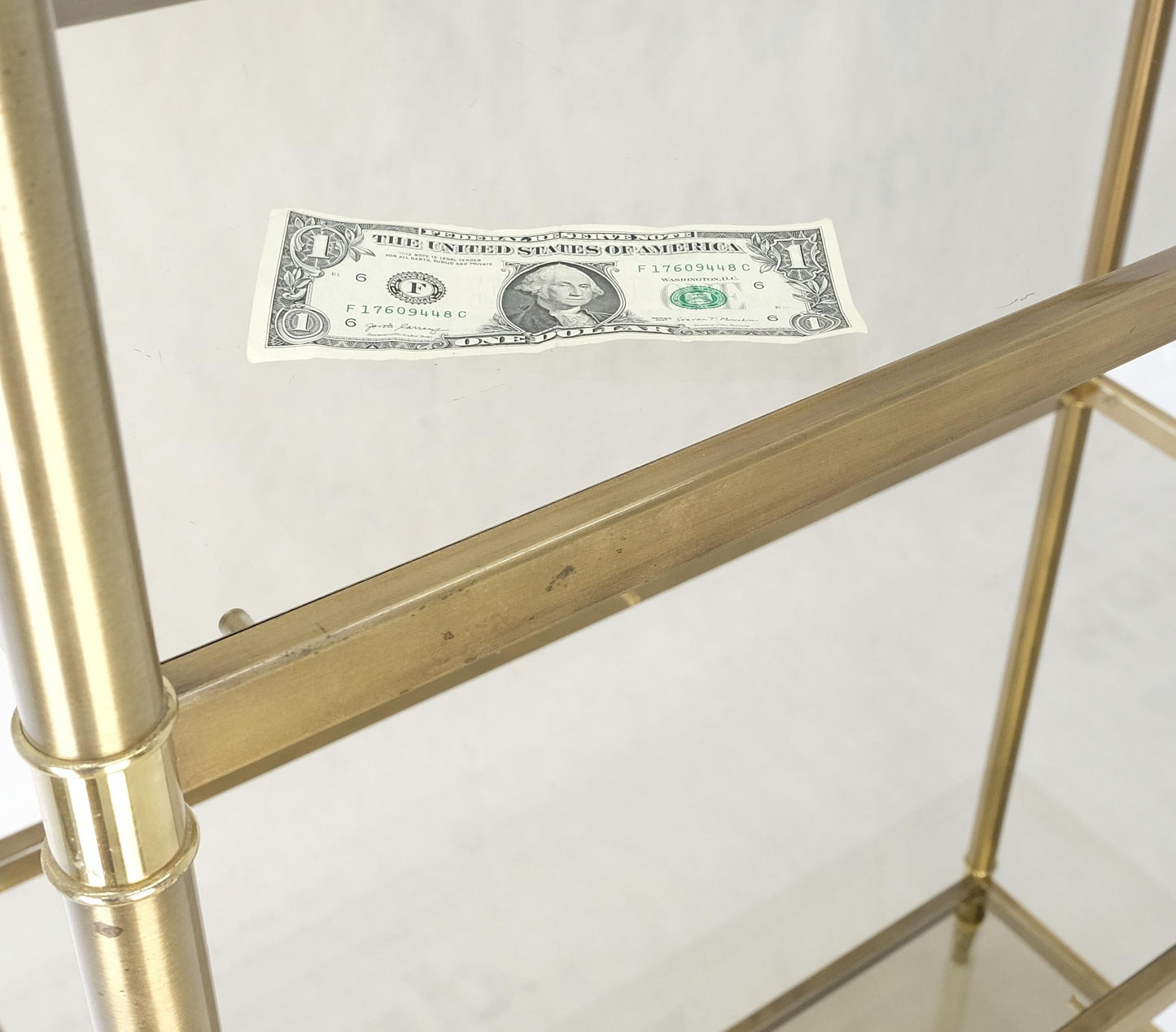EstablishedLines Pair Decorative Brass Smoked Glass 4 Tier Shelves Vitrines Etageres Displays