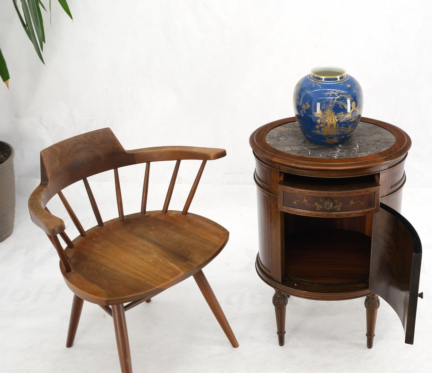 EstablishedLines Marble Top Oval One Door Compartment Drawer Adams Style Painted Stand Table