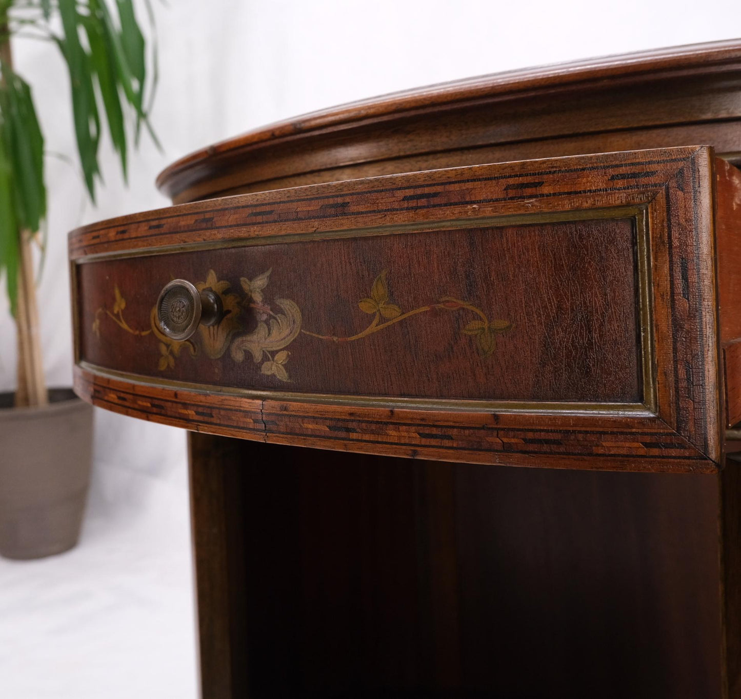 EstablishedLines Marble Top Oval One Door Compartment Drawer Adams Style Painted Stand Table