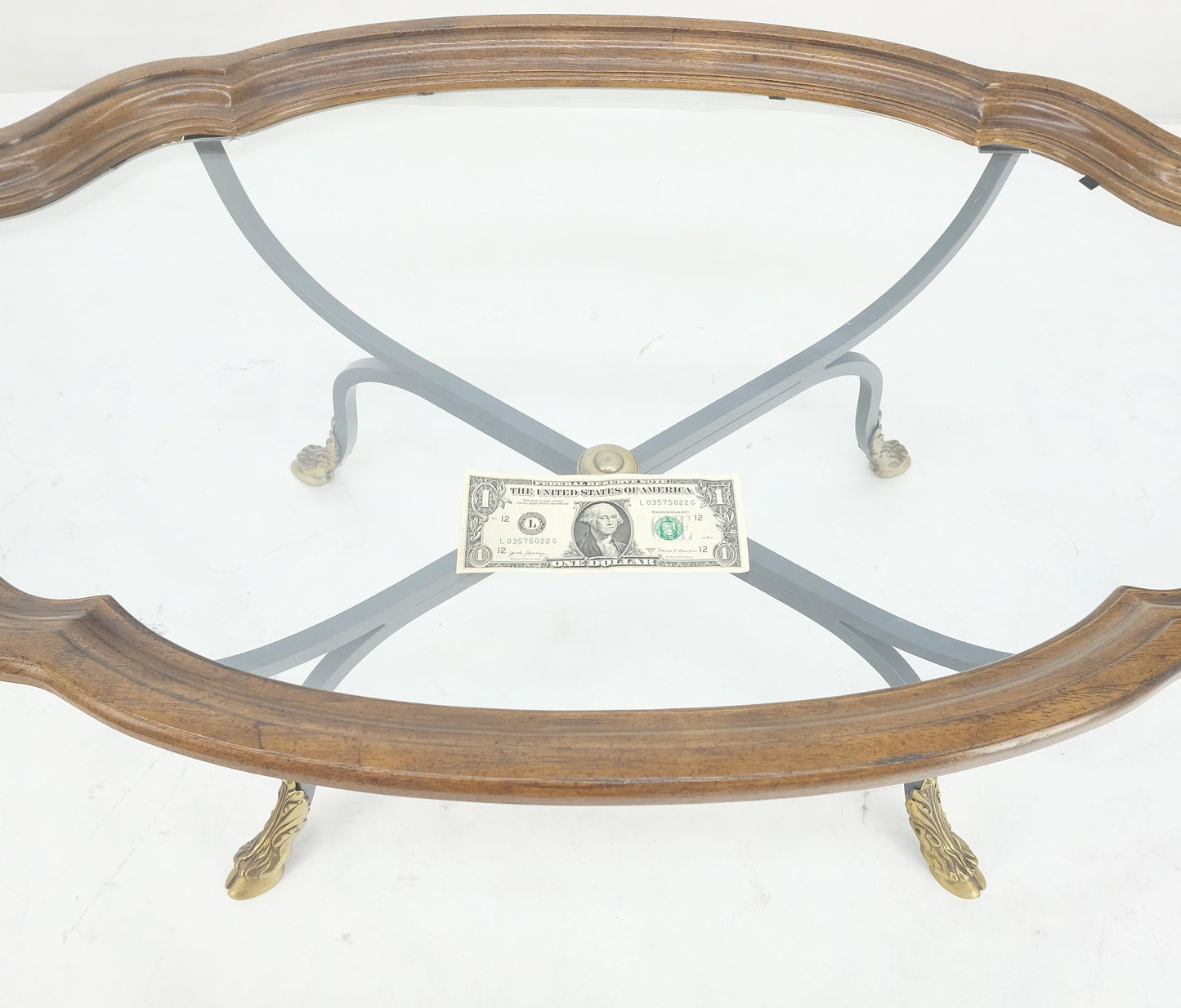 EstablishedLines Wrought Iron Brass Feet Glass Top Oval Scallop Shape 39" Long Coffee Table MINT
