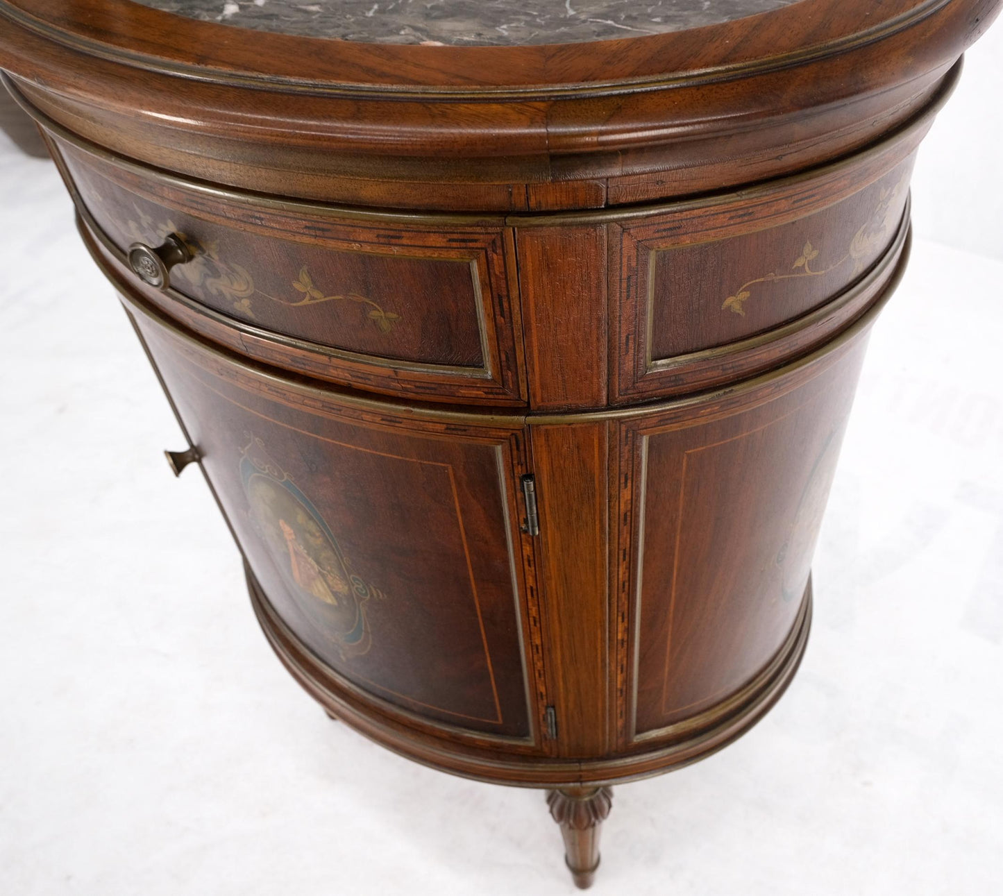 EstablishedLines Marble Top Oval One Door Compartment Drawer Adams Style Painted Stand Table