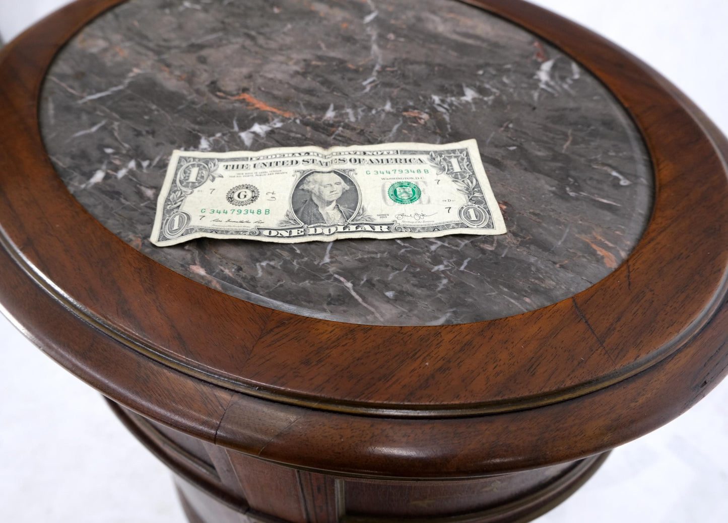 EstablishedLines Marble Top Oval One Door Compartment Drawer Adams Style Painted Stand Table