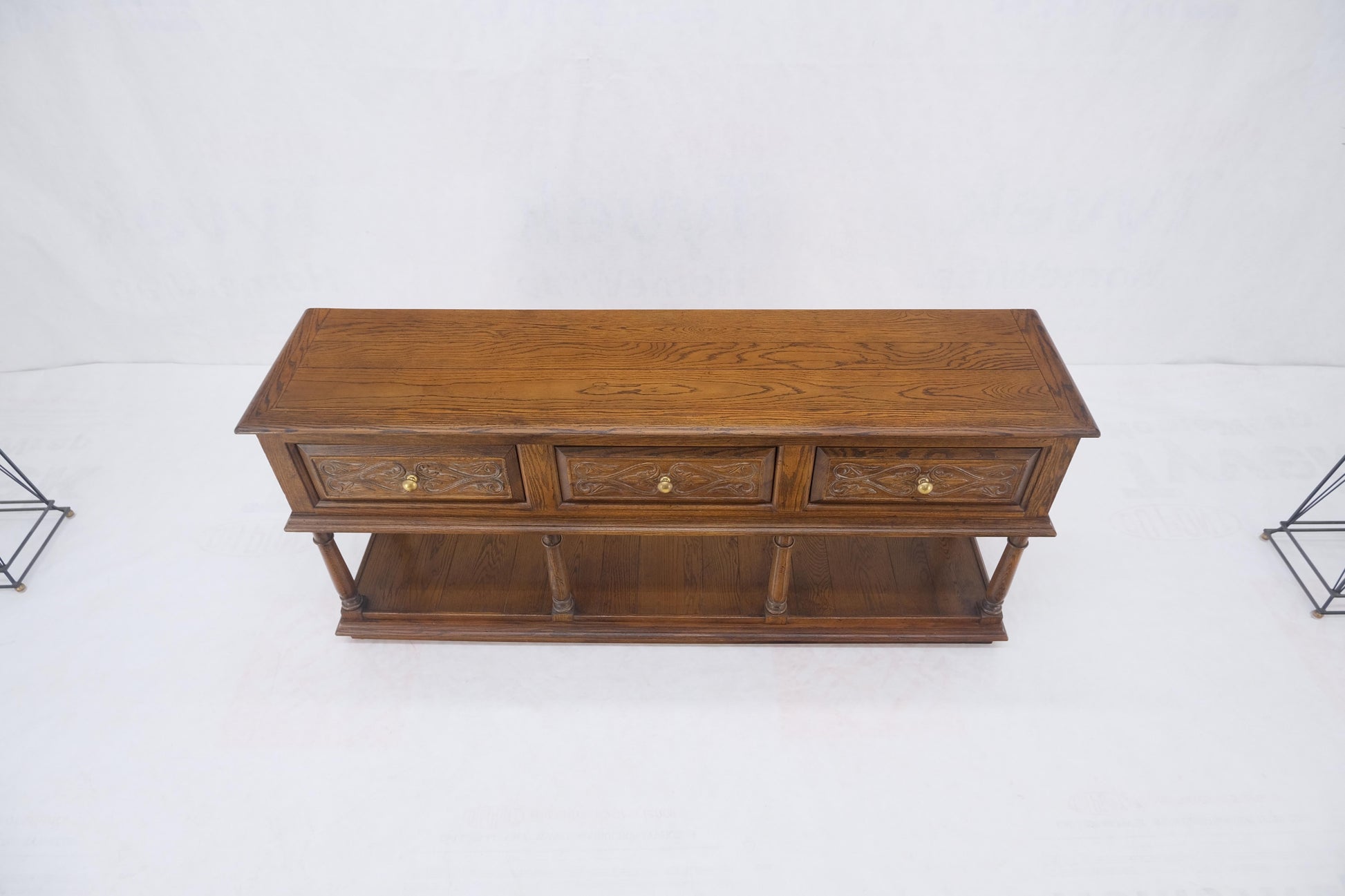 EstablishedLines Spanish Colonial Carved Oak 3 Deep Drawer Sideboard Credenza Buffet Console MINT