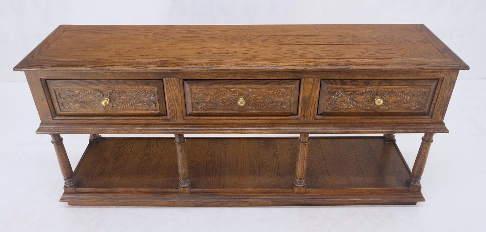 EstablishedLines Spanish Colonial Carved Oak 3 Deep Drawer Sideboard Credenza Buffet Console MINT