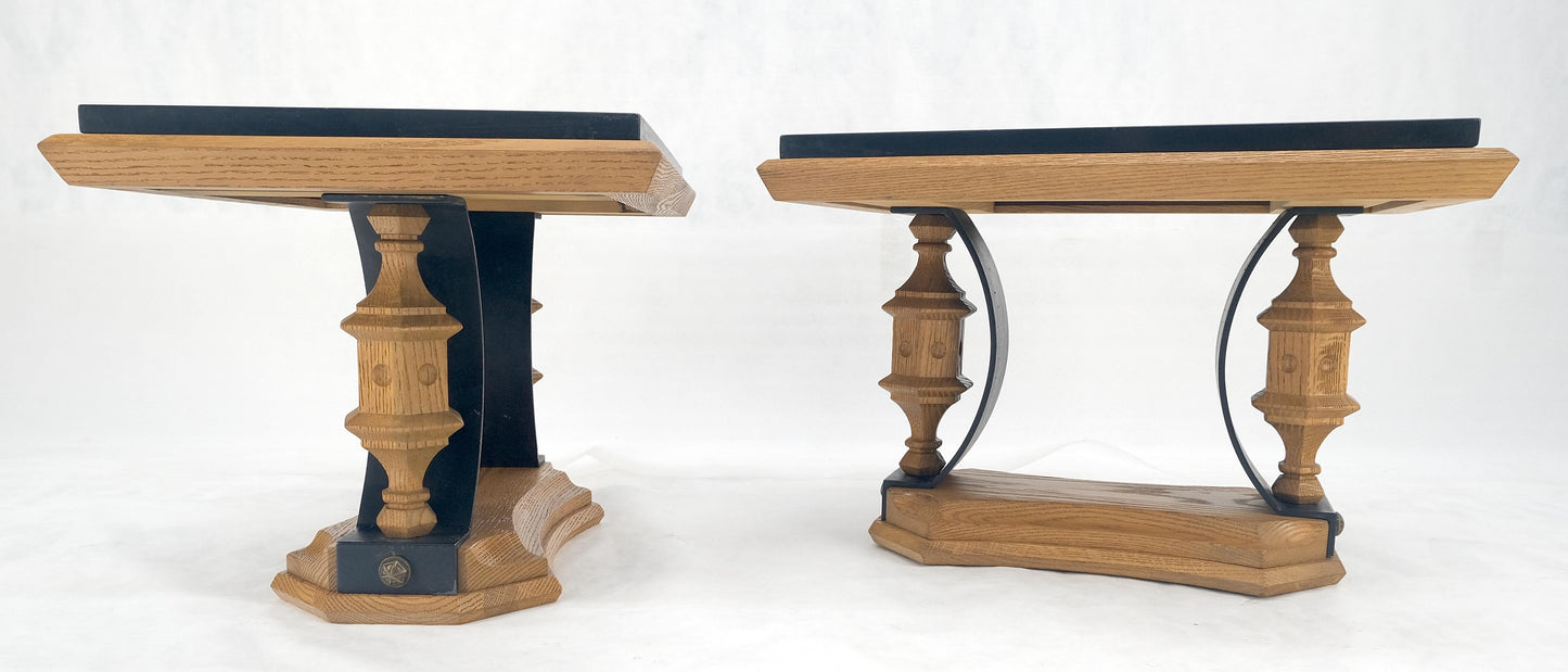 EstablishedLines Pair Solid Oak Bases Etched Patterns 3/4" Slate Top Rectangle End Side Table