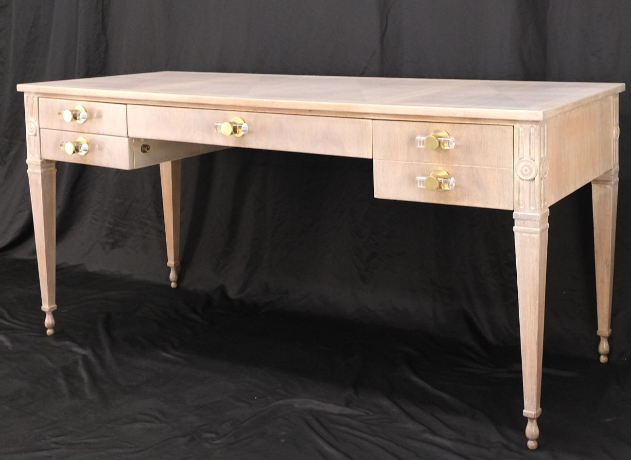 EstablishedLines Baker Bleached Walnut Lucite & Brass Pulls 4 Drawer Low Profile Desk Console