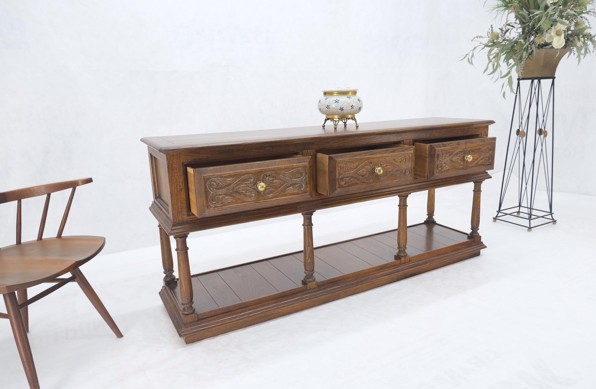 EstablishedLines Spanish Colonial Carved Oak 3 Deep Drawer Sideboard Credenza Buffet Console MINT