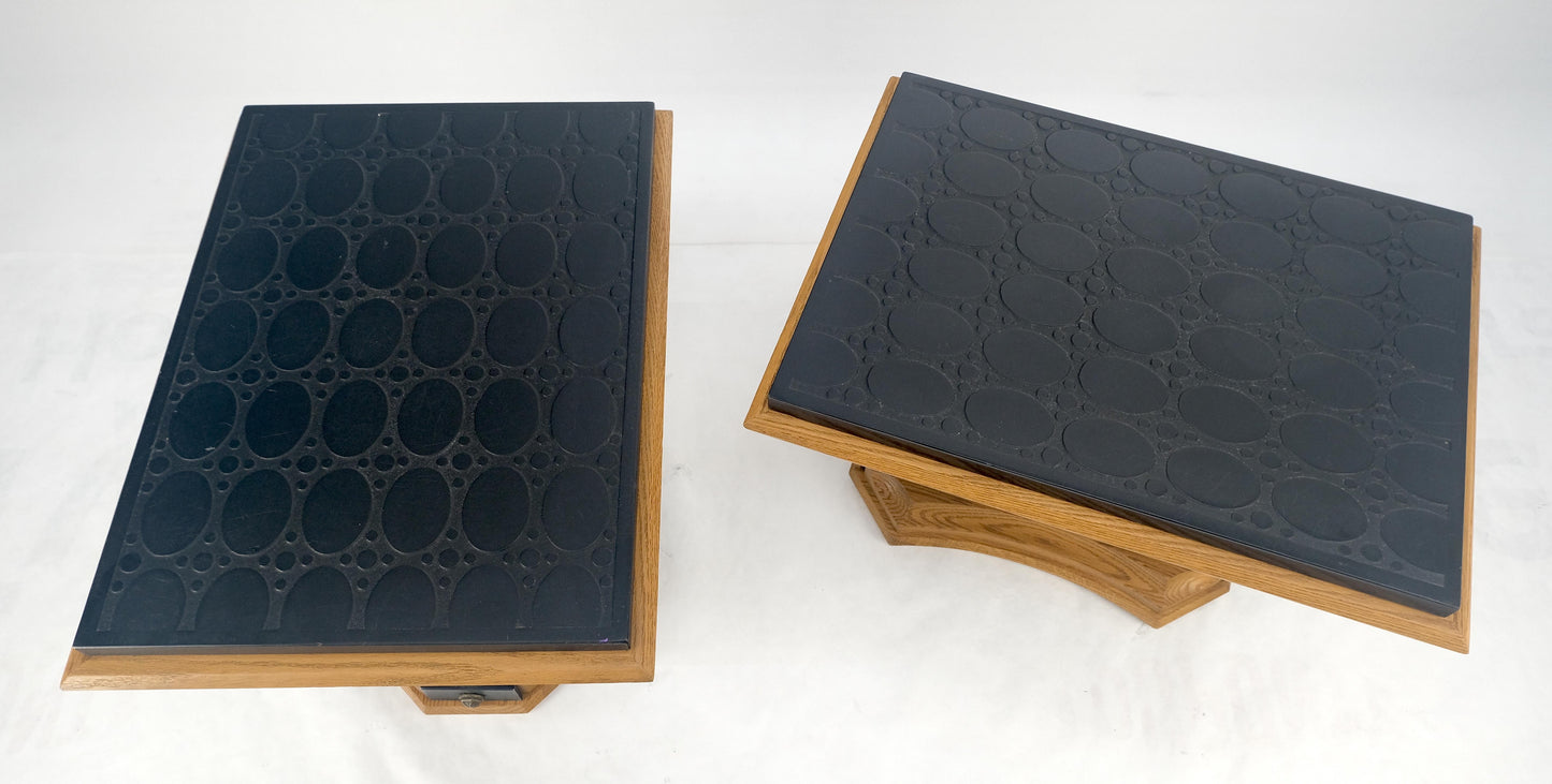 EstablishedLines Pair Solid Oak Bases Etched Patterns 3/4" Slate Top Rectangle End Side Table