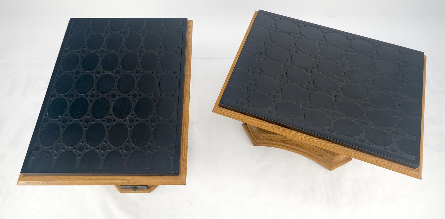 EstablishedLines Pair Solid Oak Bases Etched Patterns 3/4" Slate Top Rectangle End Side Table