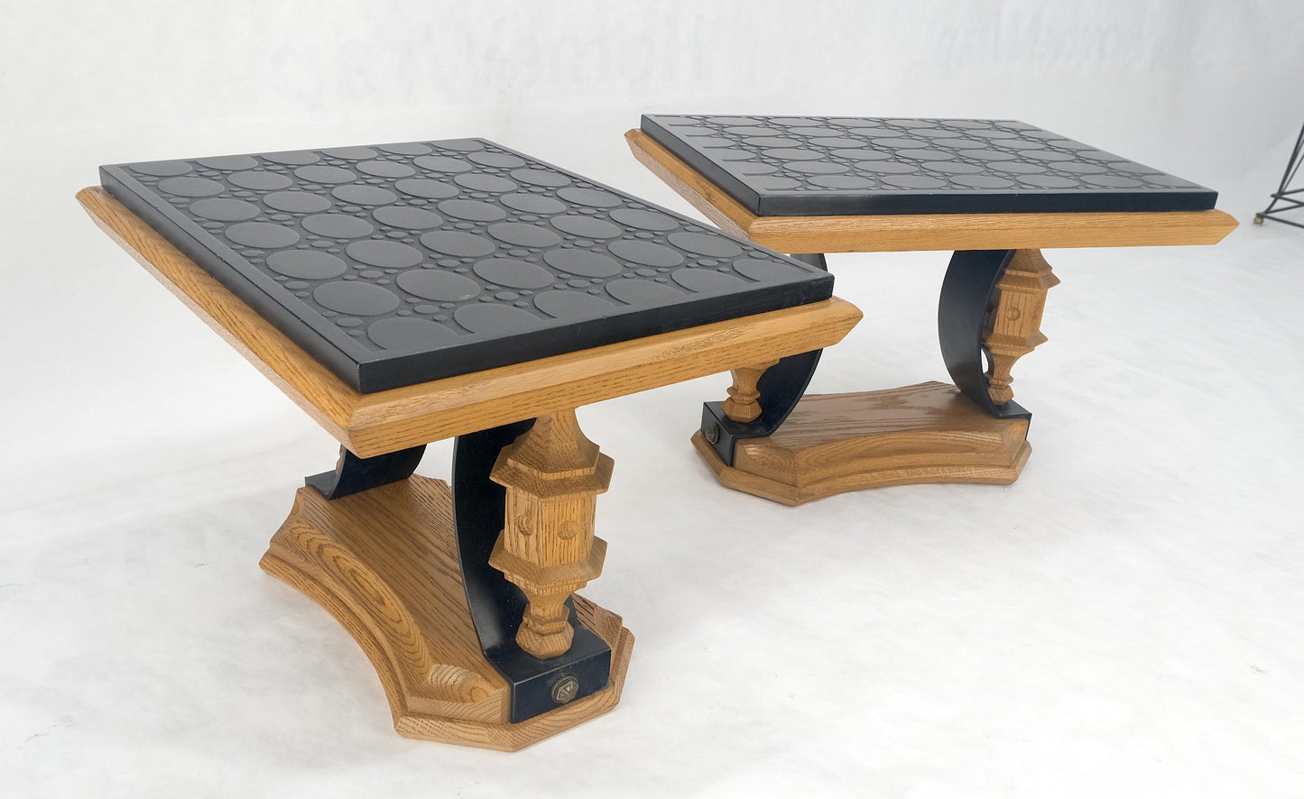 EstablishedLines Pair Solid Oak Bases Etched Patterns 3/4" Slate Top Rectangle End Side Table