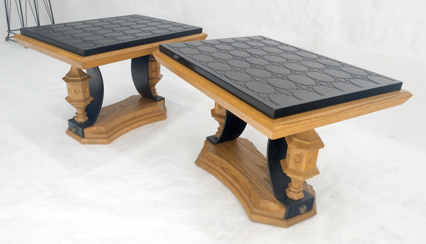 EstablishedLines Pair Solid Oak Bases Etched Patterns 3/4" Slate Top Rectangle End Side Table