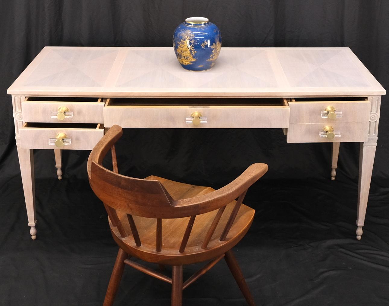 EstablishedLines Baker Bleached Walnut Lucite & Brass Pulls 4 Drawer Low Profile Desk Console