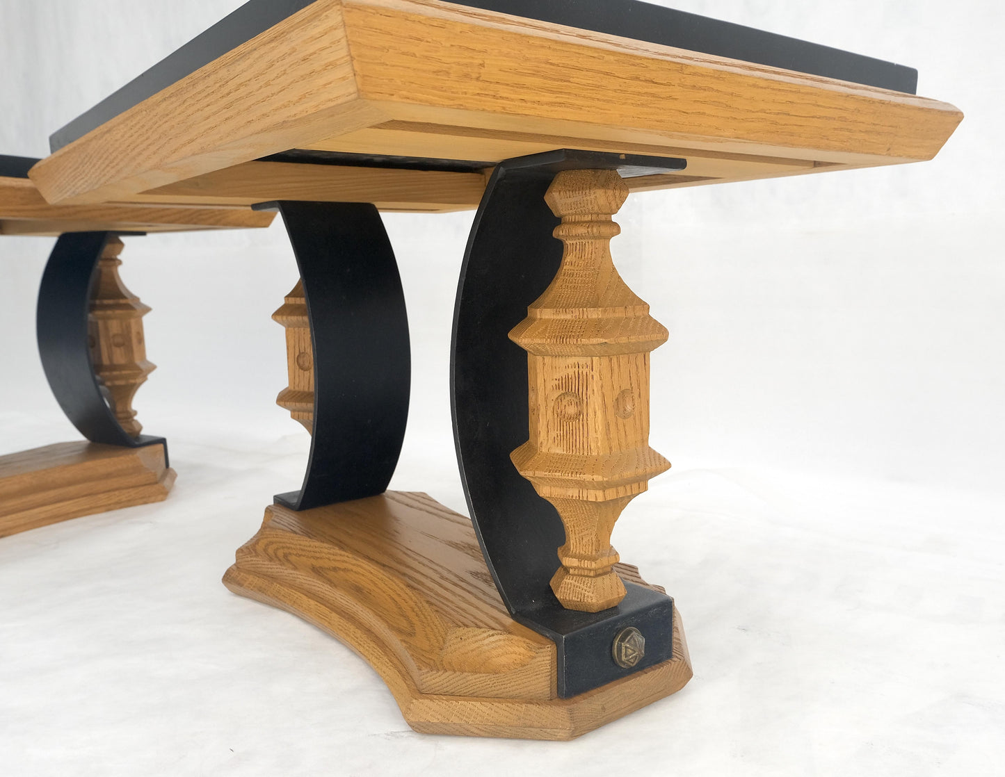 EstablishedLines Pair Solid Oak Bases Etched Patterns 3/4" Slate Top Rectangle End Side Table