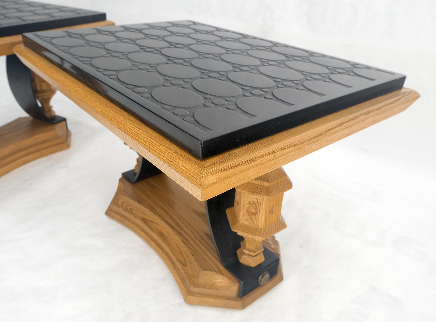 EstablishedLines Pair Solid Oak Bases Etched Patterns 3/4" Slate Top Rectangle End Side Table