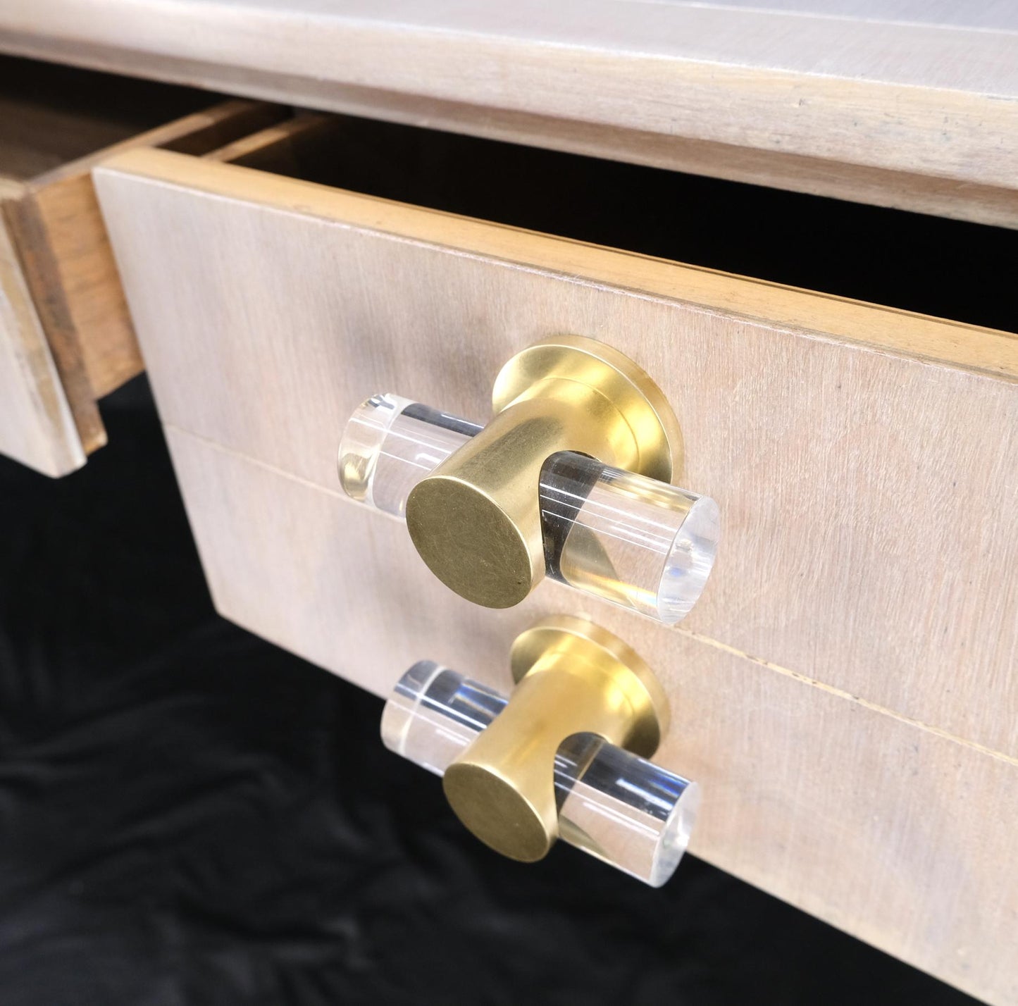 EstablishedLines Baker Bleached Walnut Lucite & Brass Pulls 4 Drawer Low Profile Desk Console