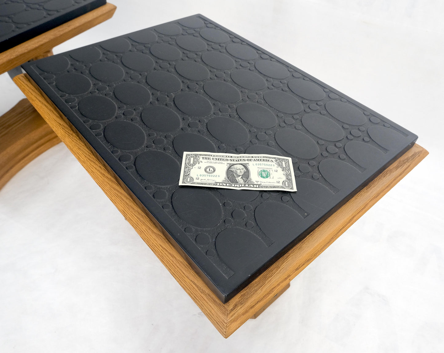 EstablishedLines Pair Solid Oak Bases Etched Patterns 3/4" Slate Top Rectangle End Side Table