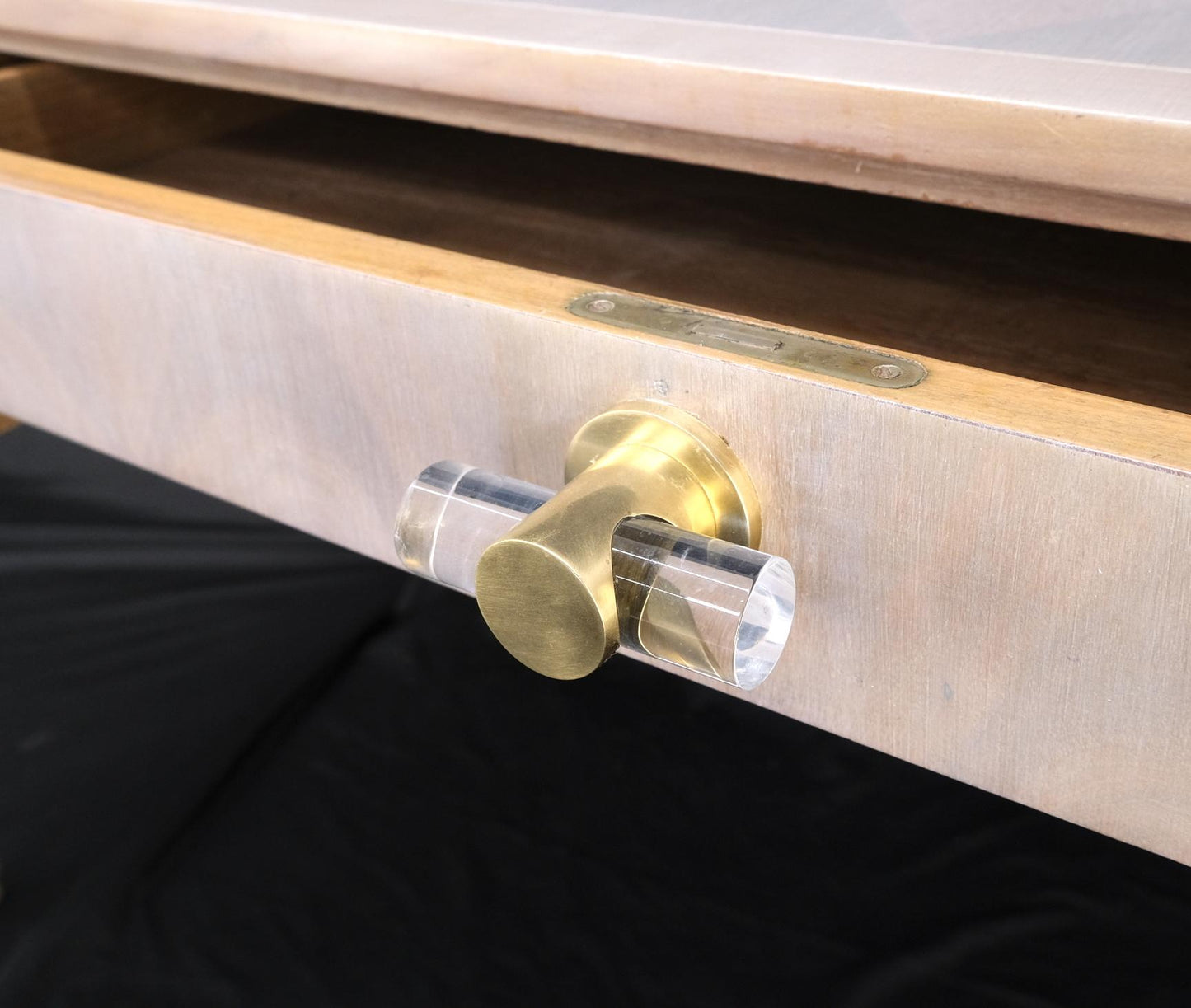 EstablishedLines Baker Bleached Walnut Lucite & Brass Pulls 4 Drawer Low Profile Desk Console