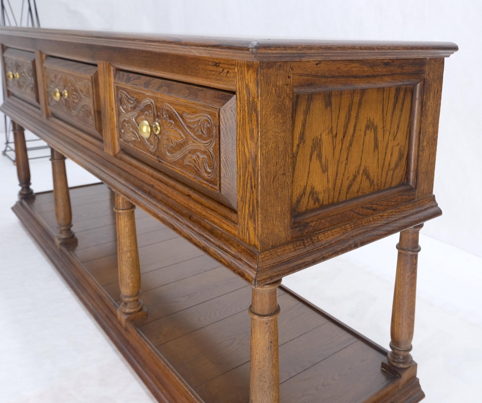 EstablishedLines Spanish Colonial Carved Oak 3 Deep Drawer Sideboard Credenza Buffet Console MINT
