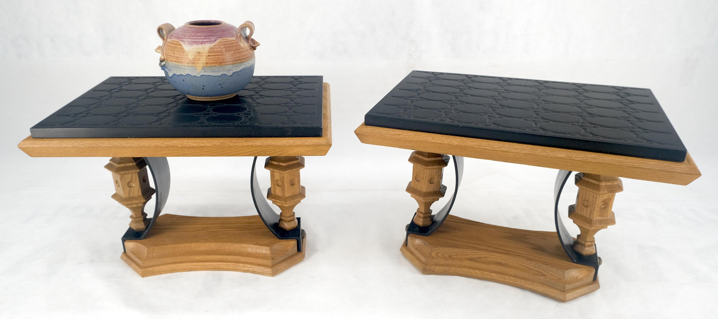 EstablishedLines Pair Solid Oak Bases Etched Patterns 3/4" Slate Top Rectangle End Side Table