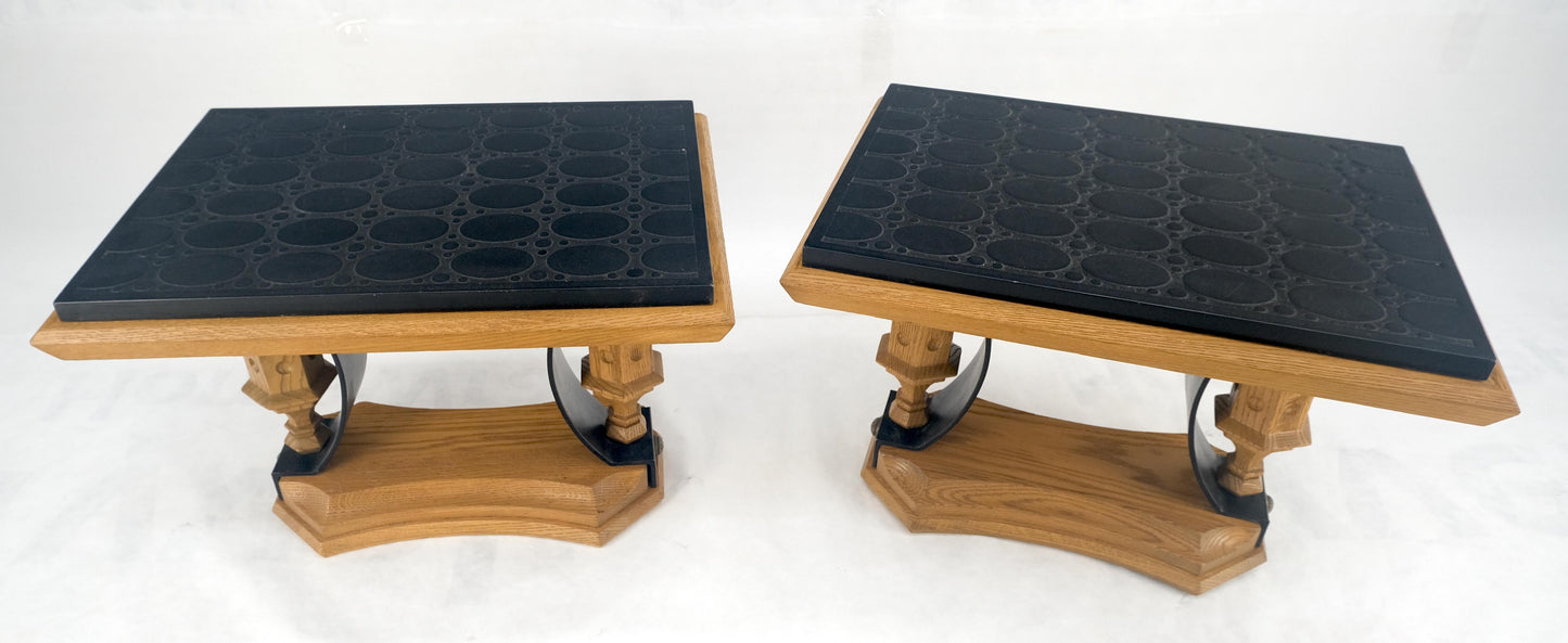 EstablishedLines Pair Solid Oak Bases Etched Patterns 3/4" Slate Top Rectangle End Side Table