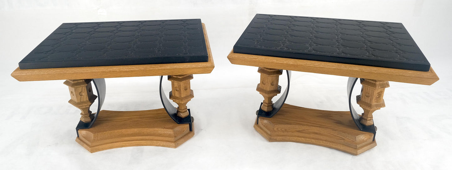 EstablishedLines Pair Solid Oak Bases Etched Patterns 3/4" Slate Top Rectangle End Side Table
