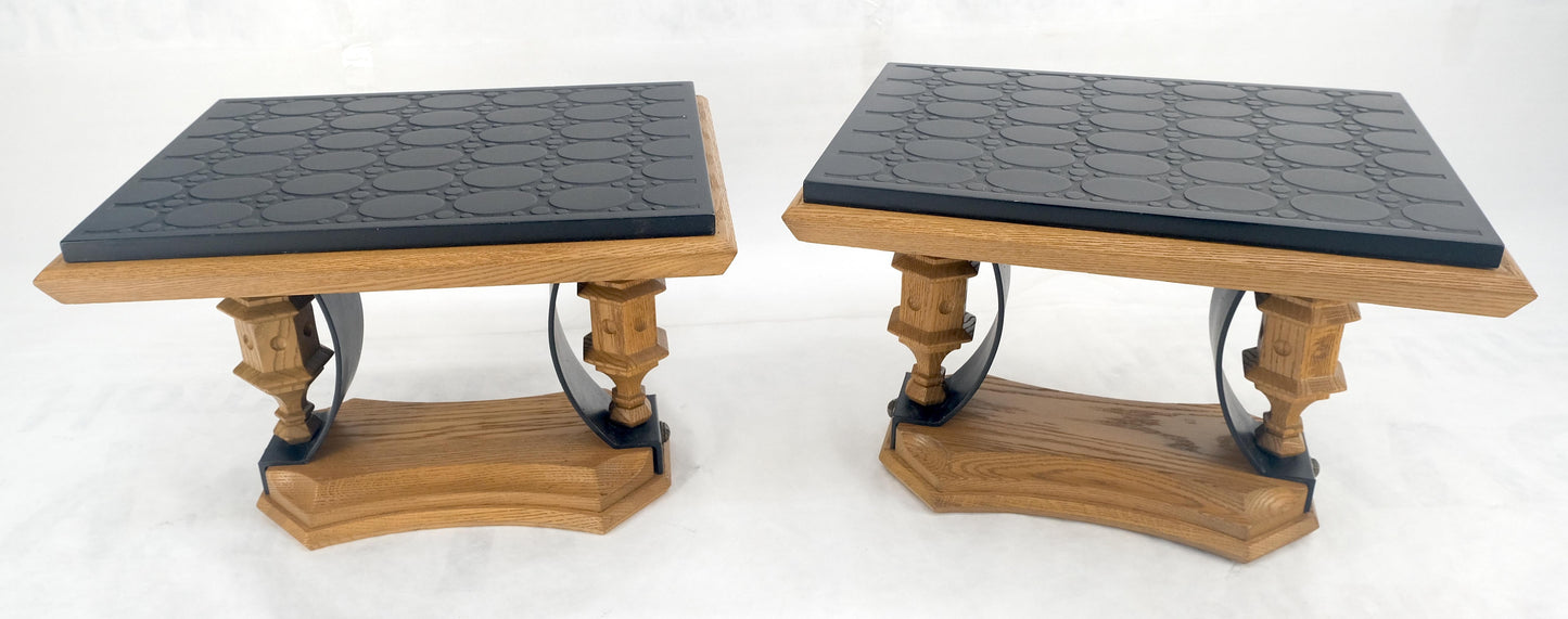 EstablishedLines Pair Solid Oak Bases Etched Patterns 3/4" Slate Top Rectangle End Side Table