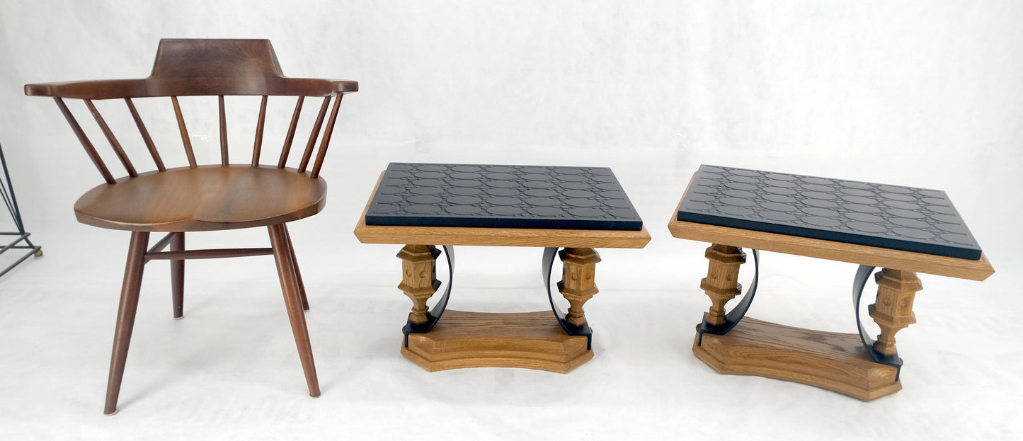 EstablishedLines Pair Solid Oak Bases Etched Patterns 3/4" Slate Top Rectangle End Side Table