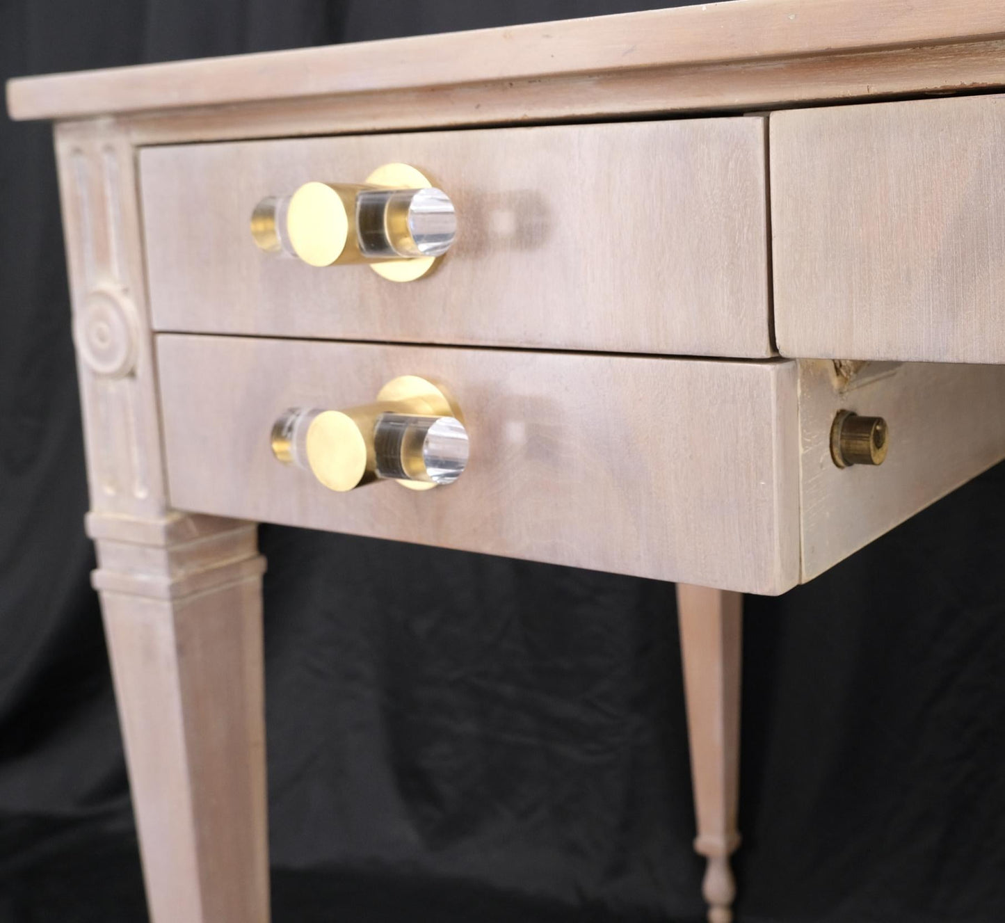 EstablishedLines Baker Bleached Walnut Lucite & Brass Pulls 4 Drawer Low Profile Desk Console
