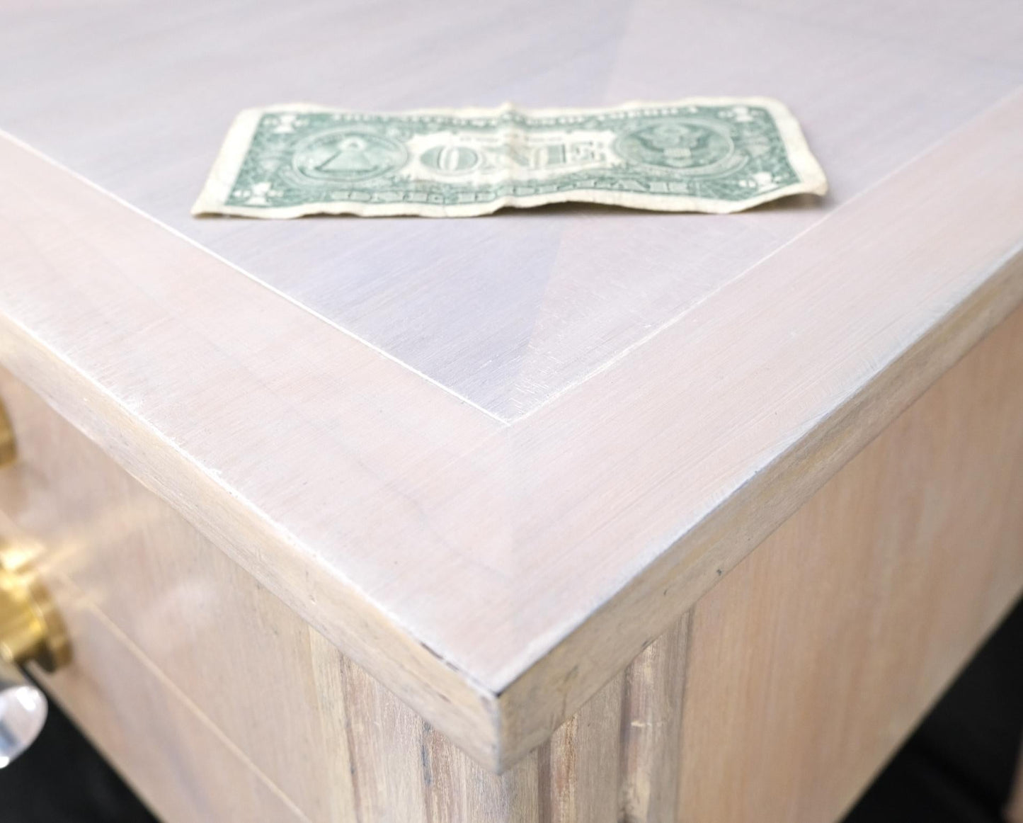 EstablishedLines Baker Bleached Walnut Lucite & Brass Pulls 4 Drawer Low Profile Desk Console