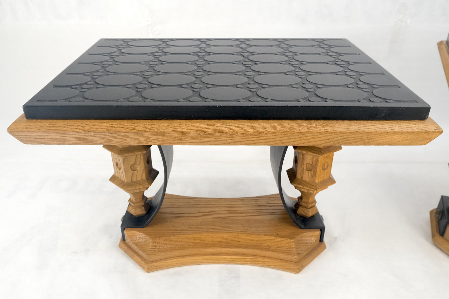 EstablishedLines Pair Solid Oak Bases Etched Patterns 3/4" Slate Top Rectangle End Side Table