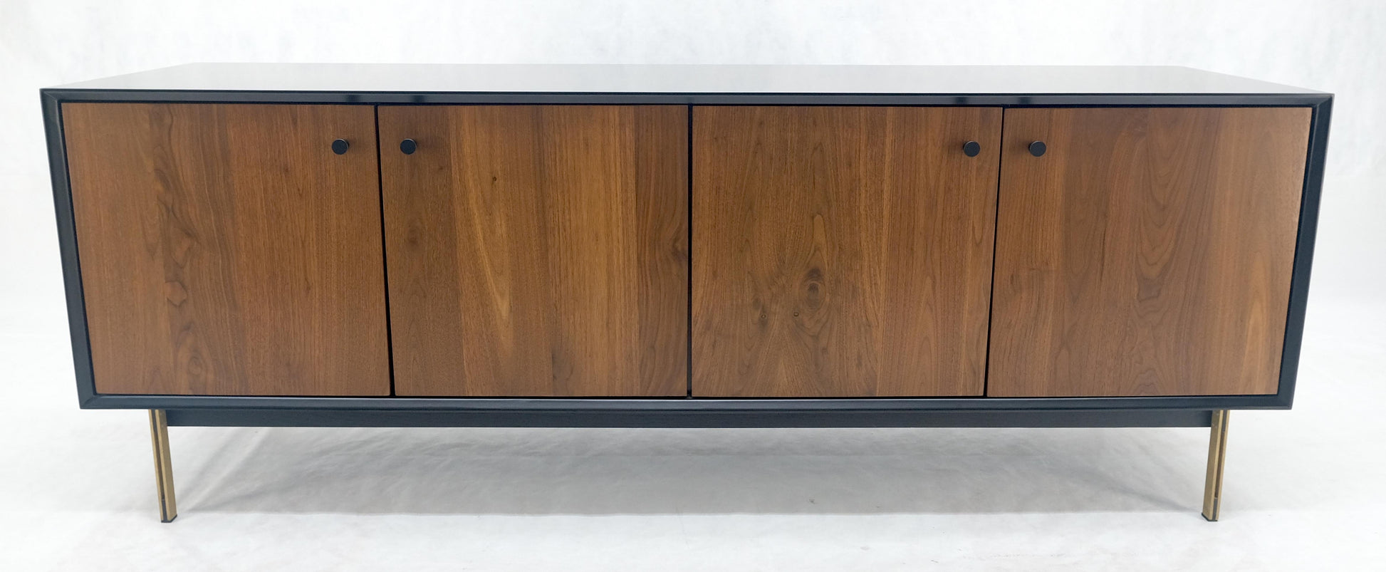 EstablishedLines Black Lacquer Walnut Brass Legs 77" Mid Century Modern Long Vintage Credenza