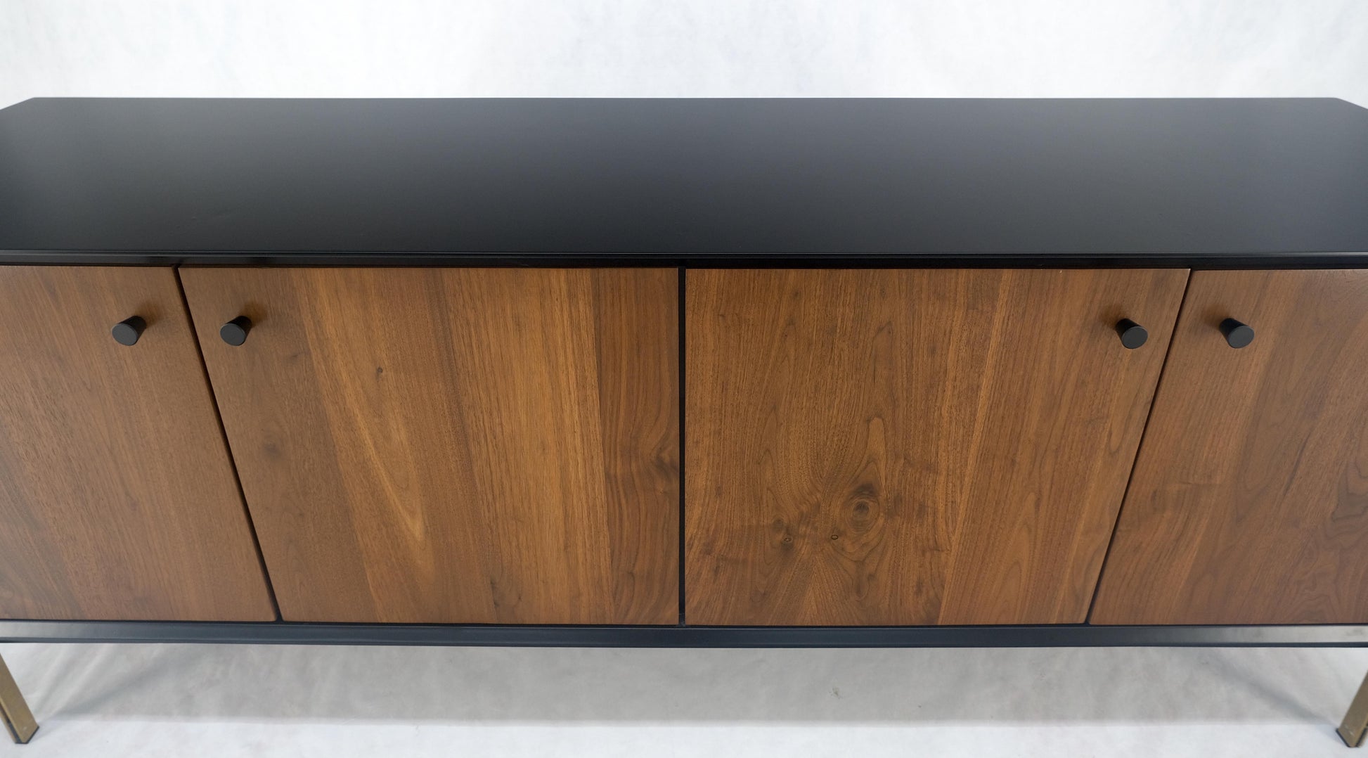EstablishedLines Black Lacquer Walnut Brass Legs 77" Mid Century Modern Long Vintage Credenza