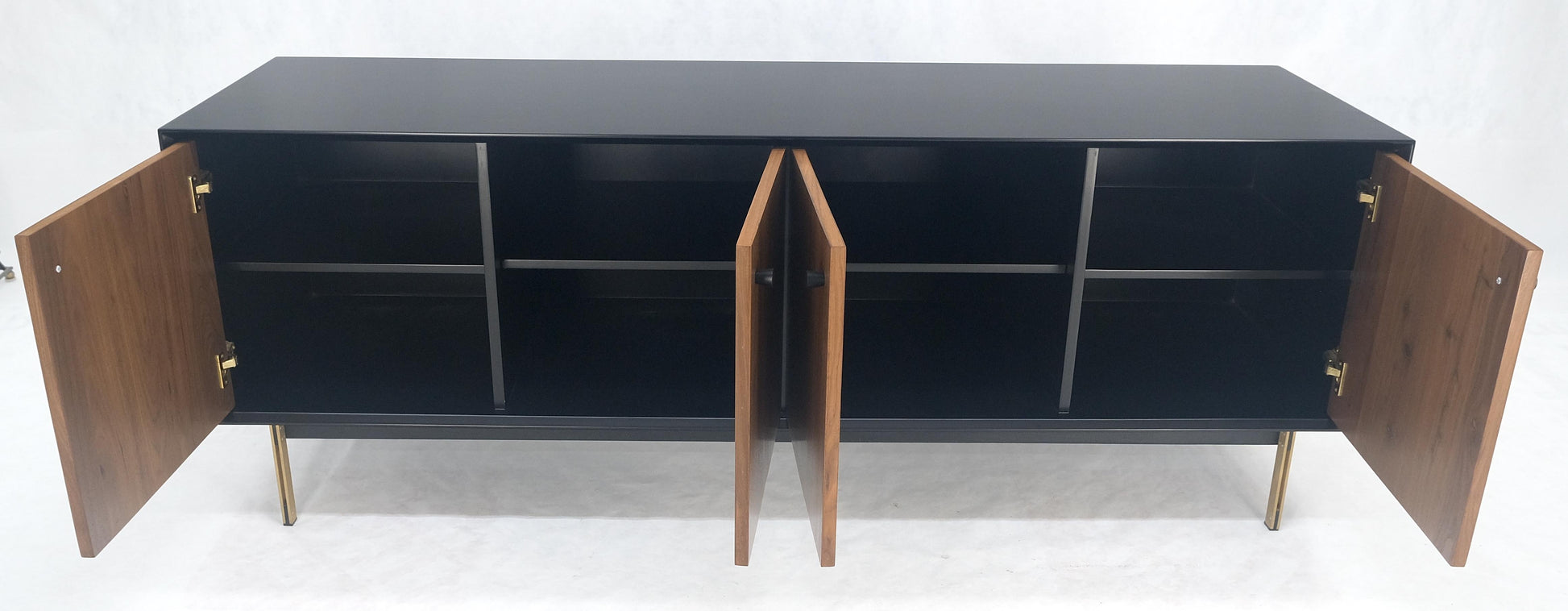 EstablishedLines Black Lacquer Walnut Brass Legs 77" Mid Century Modern Long Vintage Credenza