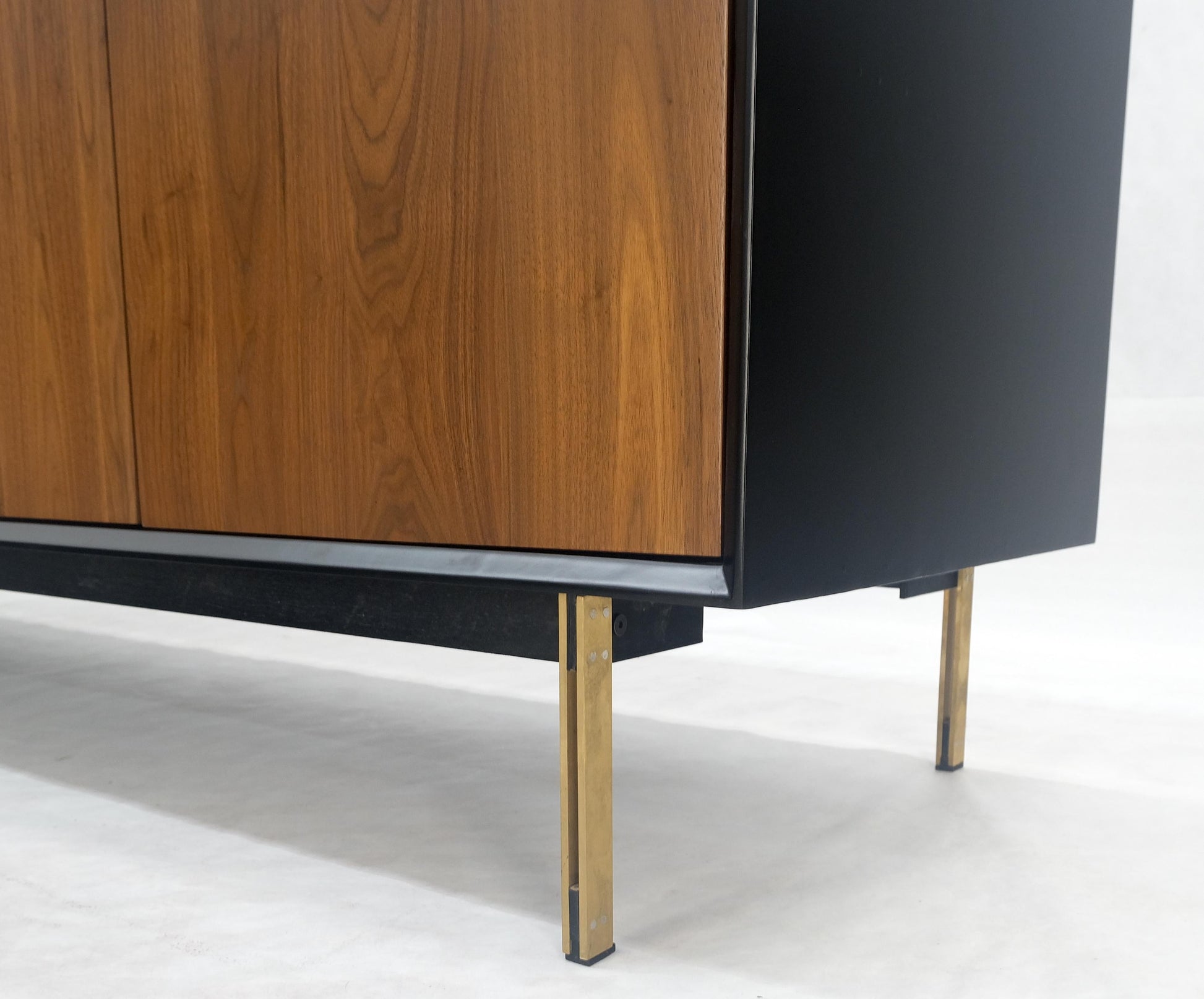EstablishedLines Black Lacquer Walnut Brass Legs 77" Mid Century Modern Long Vintage Credenza