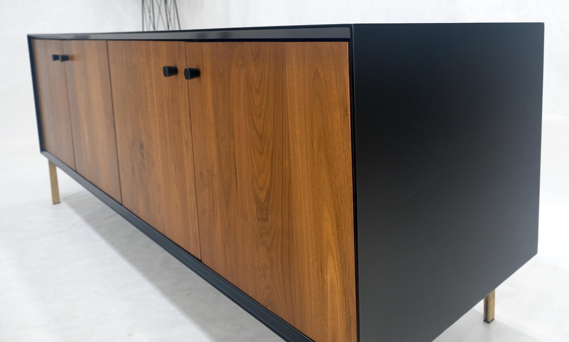EstablishedLines Black Lacquer Walnut Brass Legs 77" Mid Century Modern Long Vintage Credenza