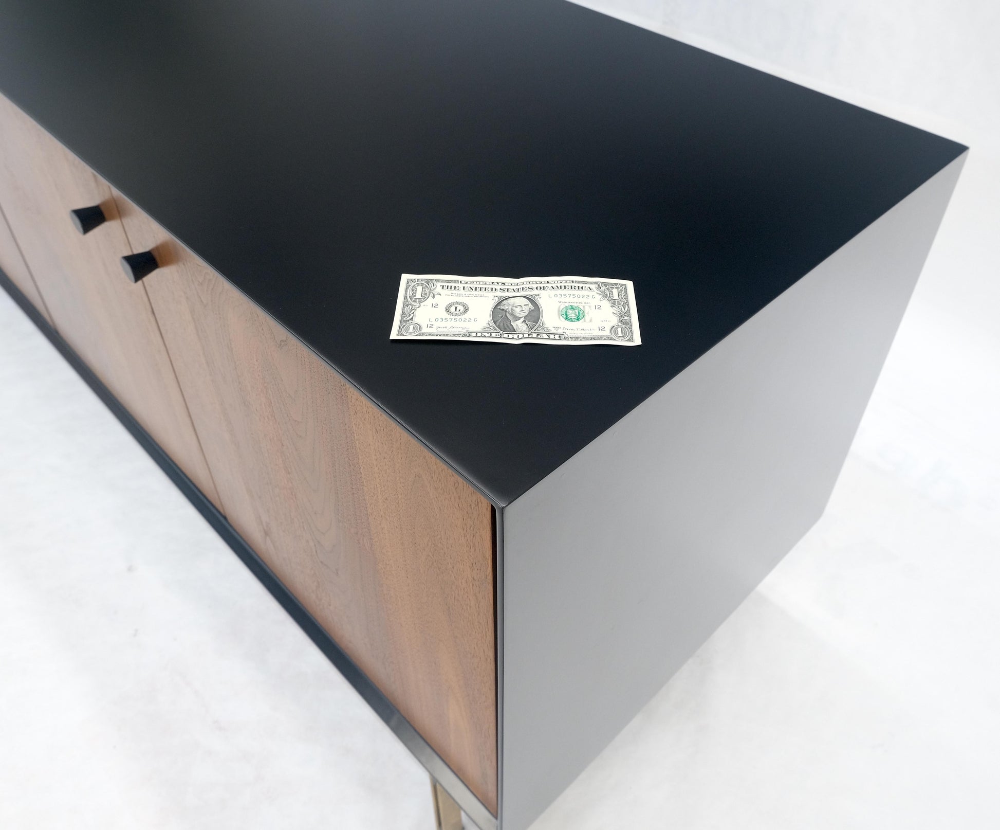 EstablishedLines Black Lacquer Walnut Brass Legs 77" Mid Century Modern Long Vintage Credenza