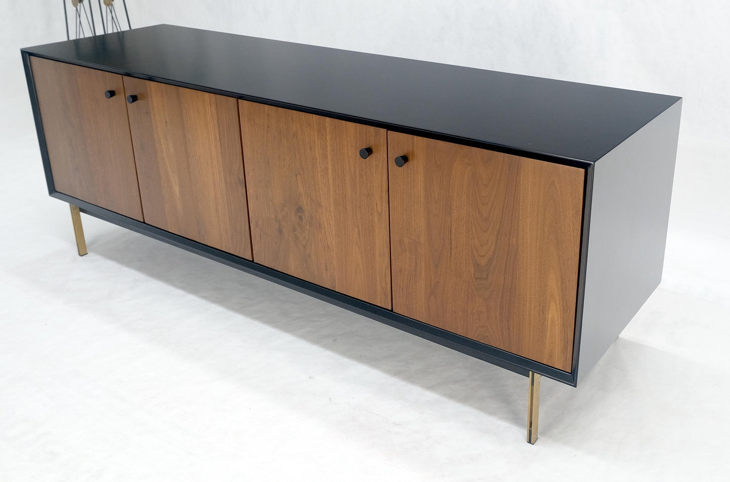 EstablishedLines Black Lacquer Walnut Brass Legs 77" Mid Century Modern Long Vintage Credenza