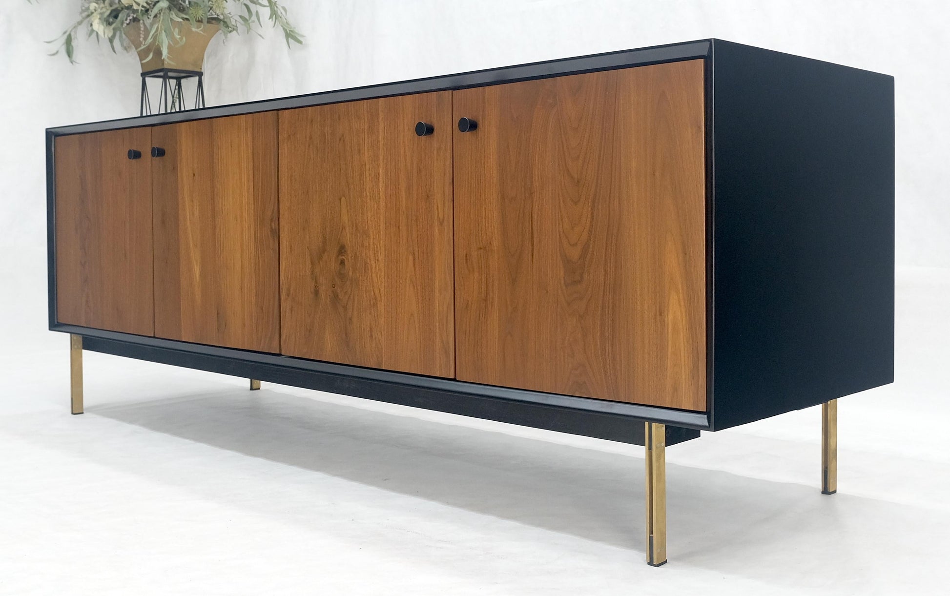EstablishedLines Black Lacquer Walnut Brass Legs 77" Mid Century Modern Long Vintage Credenza