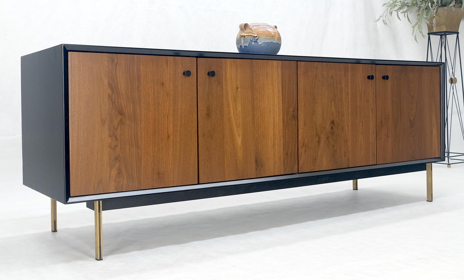 EstablishedLines Black Lacquer Walnut Brass Legs 77" Mid Century Modern Long Vintage Credenza