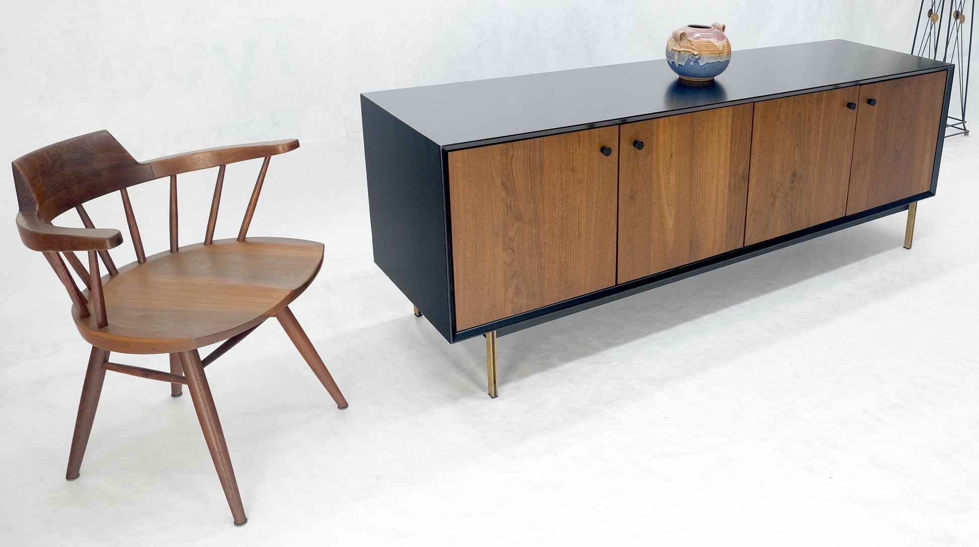 EstablishedLines Black Lacquer Walnut Brass Legs 77" Mid Century Modern Long Vintage Credenza