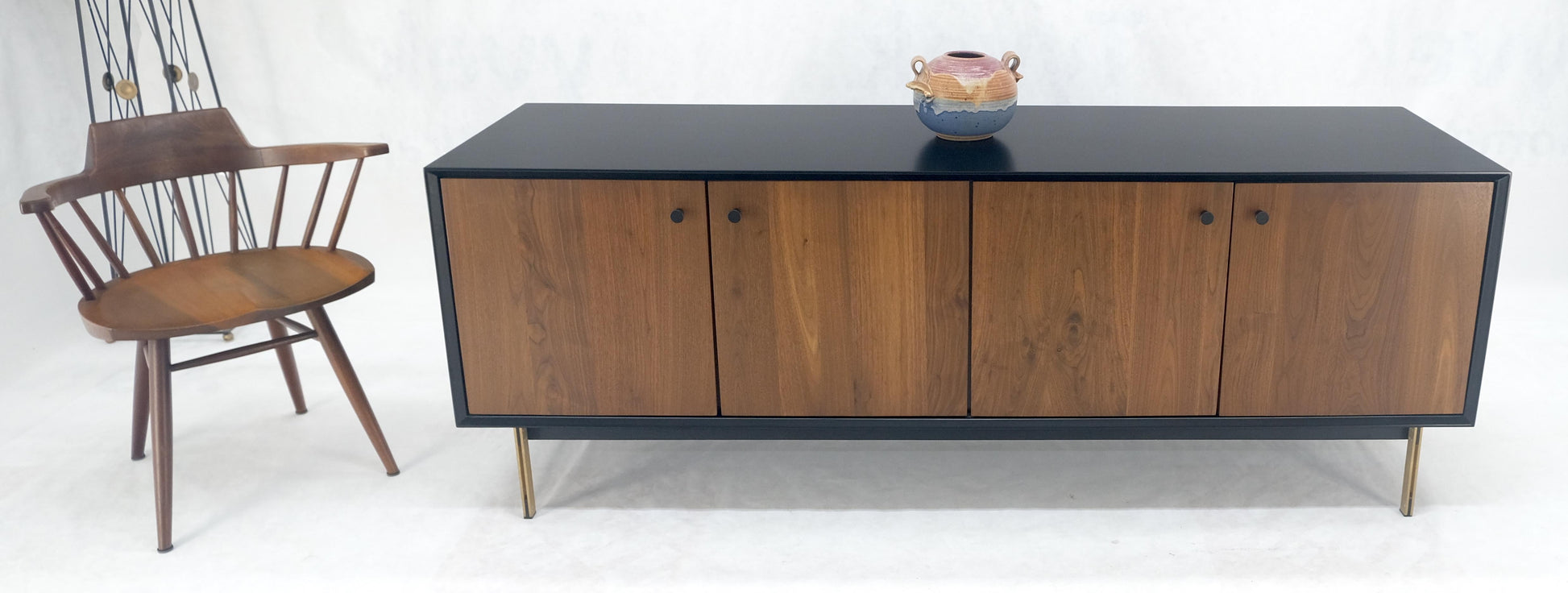EstablishedLines Black Lacquer Walnut Brass Legs 77" Mid Century Modern Long Vintage Credenza