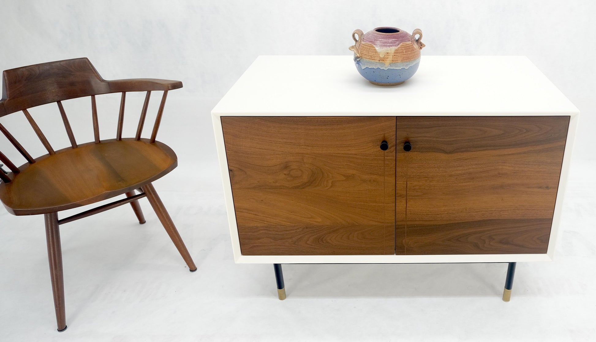 EstablishedLines Bookmached Walnut Double Doors White Lacquer Compact 28" Tall Credenza MINT