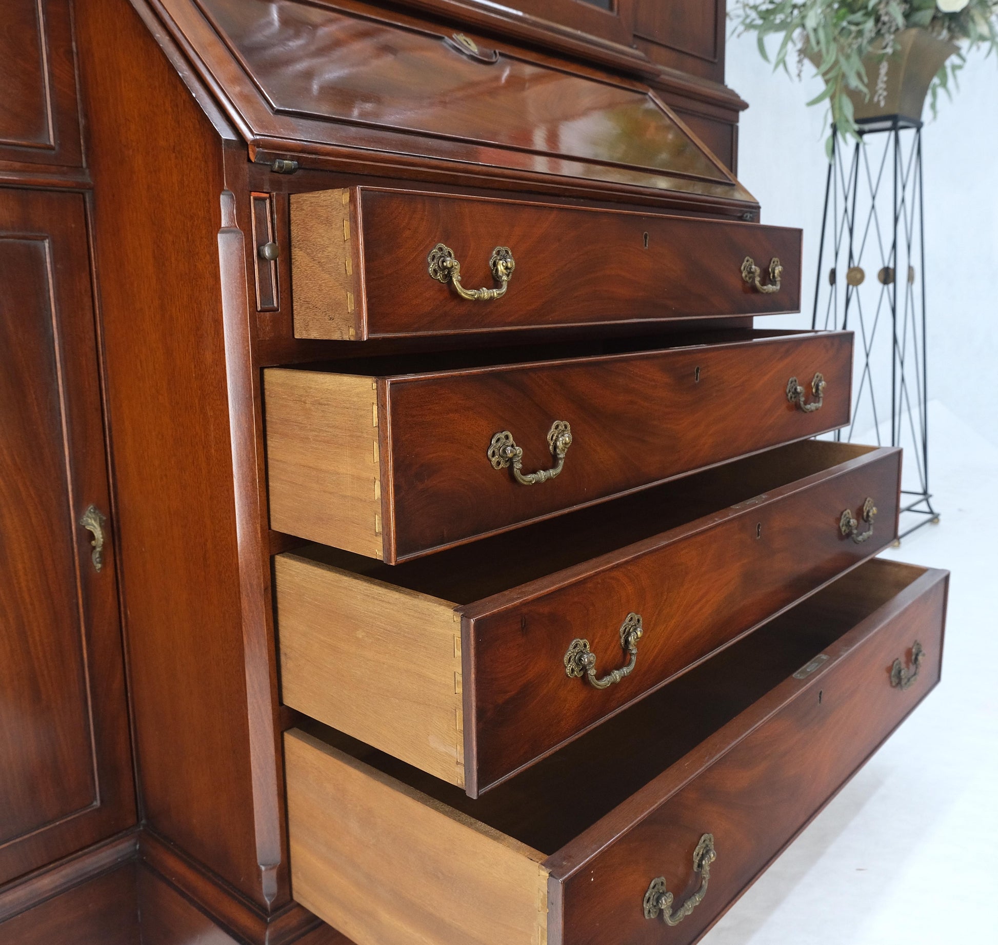 EstablishedLines Crotch Mahogany Individual Glass Pains Door Drop Front Secretary Breakfront MINT