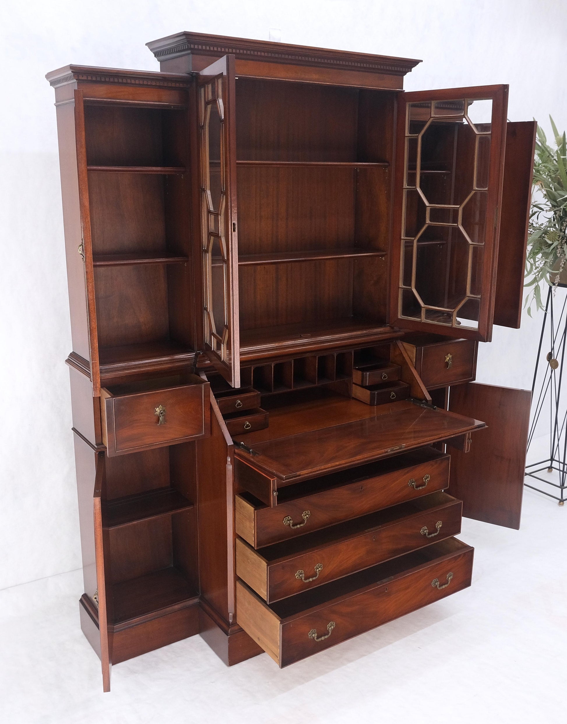 EstablishedLines Crotch Mahogany Individual Glass Pains Door Drop Front Secretary Breakfront MINT