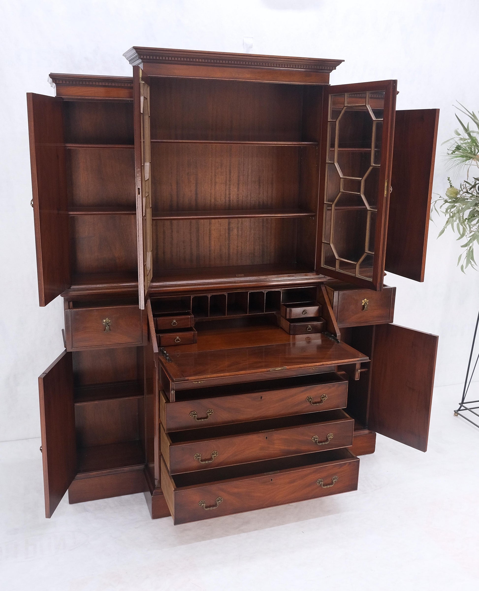 EstablishedLines Crotch Mahogany Individual Glass Pains Door Drop Front Secretary Breakfront MINT