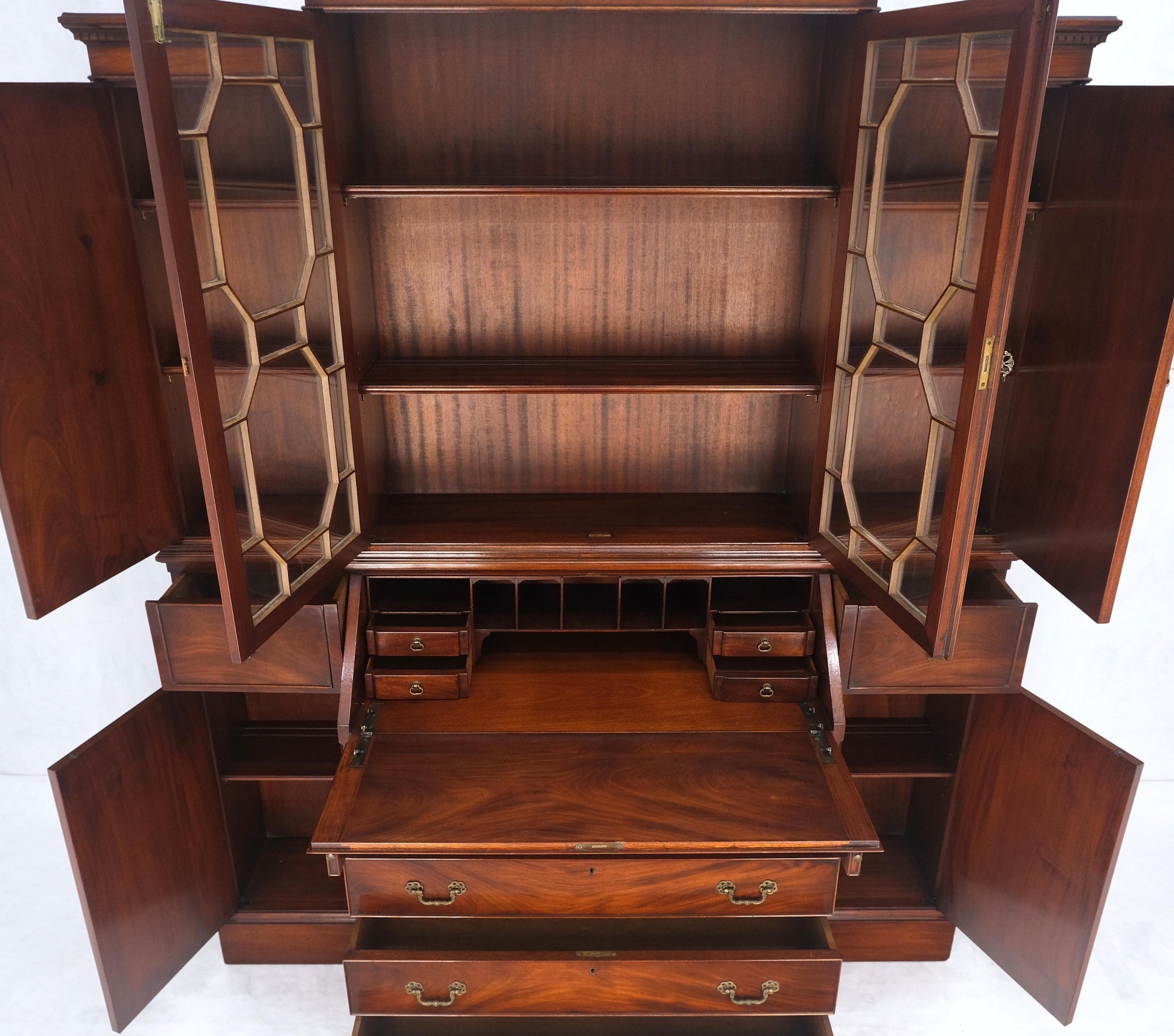 EstablishedLines Crotch Mahogany Individual Glass Pains Door Drop Front Secretary Breakfront MINT