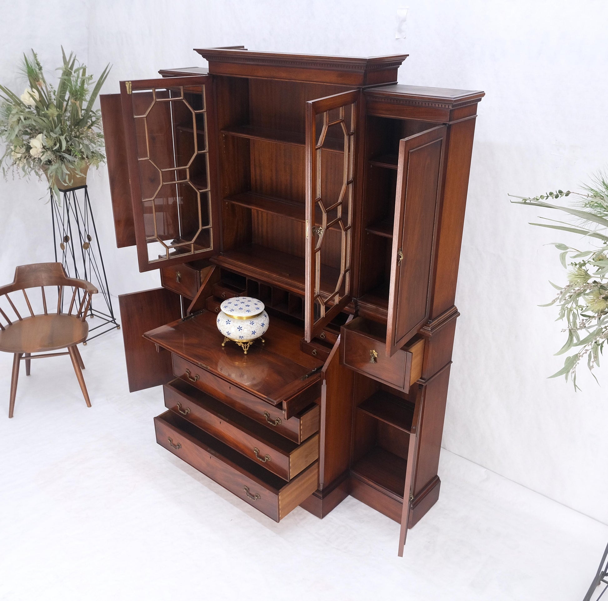 EstablishedLines Crotch Mahogany Individual Glass Pains Door Drop Front Secretary Breakfront MINT