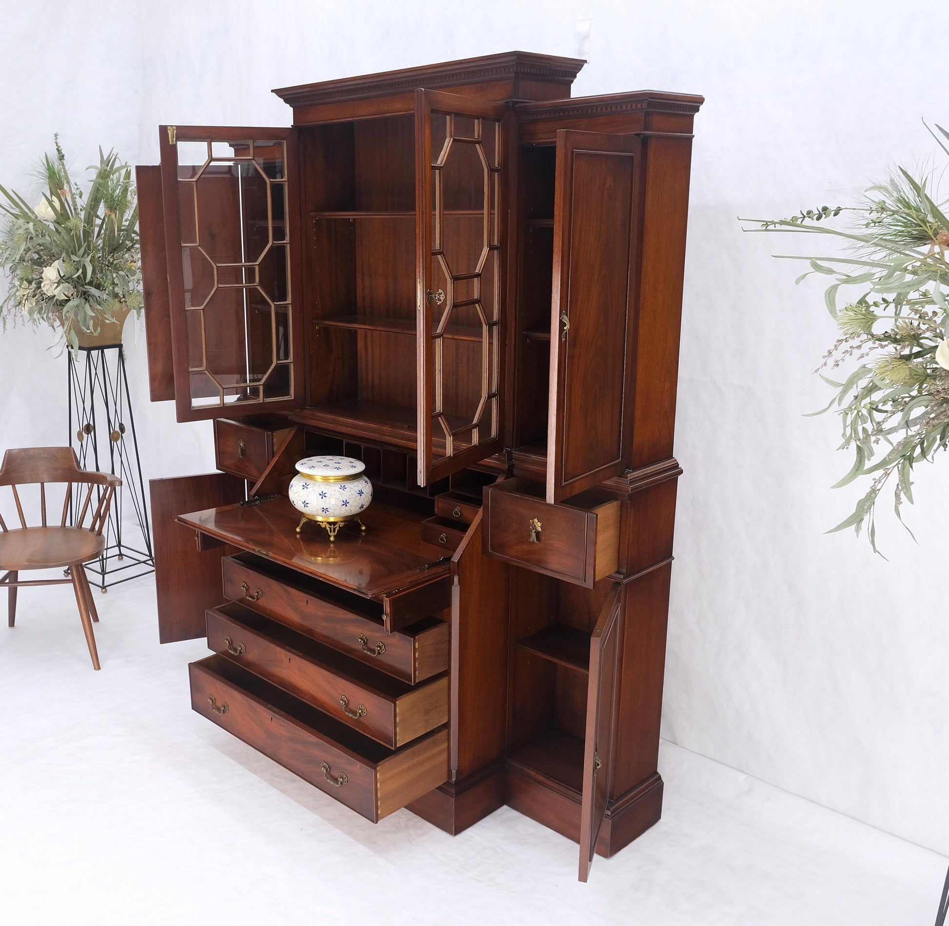 EstablishedLines Crotch Mahogany Individual Glass Pains Door Drop Front Secretary Breakfront MINT