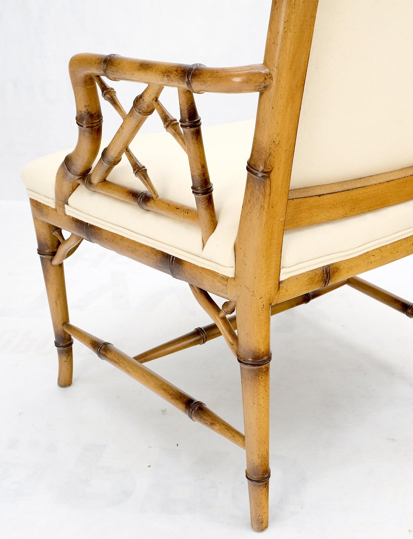 EstablishedLines Pair Faux Bamboo New Virgin Wool Upholstery Lounge Arm Fire Side Chairs MINT!