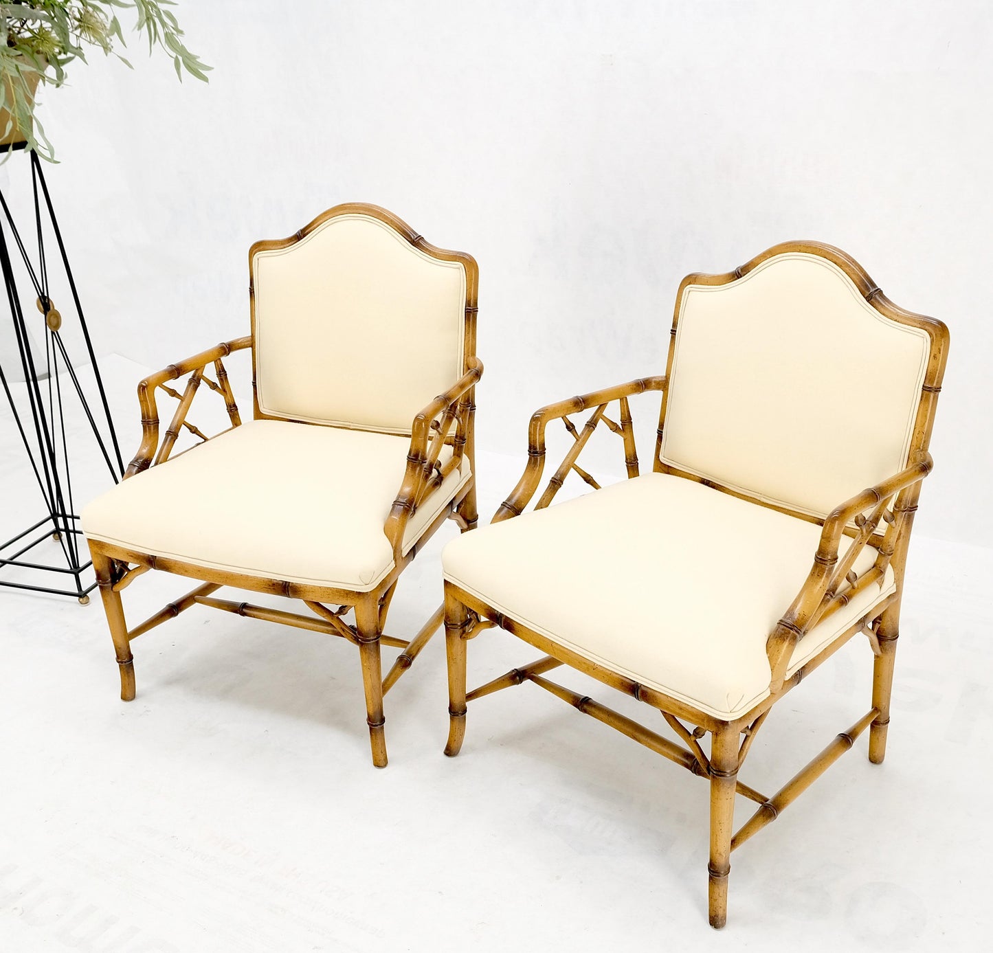 EstablishedLines Pair Faux Bamboo New Virgin Wool Upholstery Lounge Arm Fire Side Chairs MINT!